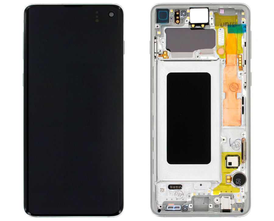 Samsung Galaxy S10 (SM-G973F) Complete LCD with Frame in White — Service Pack (SVC) [GH82-18835B]
